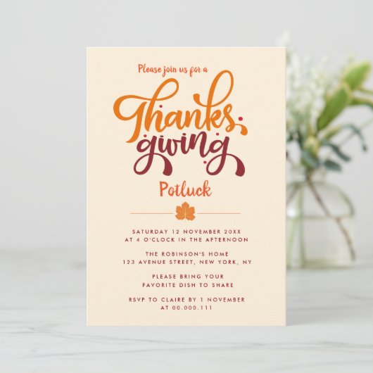 Fun Script Erntedank potluck Einladung (Stehend Vorderseite)