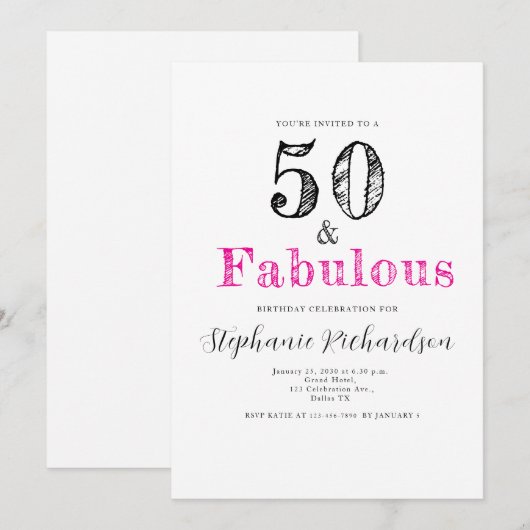 Fun Script Fifty and Fabulous 50th Birthday Party Einladung (Vorne/Hinten)
