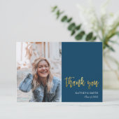 Fun Script Modern Blue Simple Foto Abschluss Dankeskarte (Stehend Vorderseite)