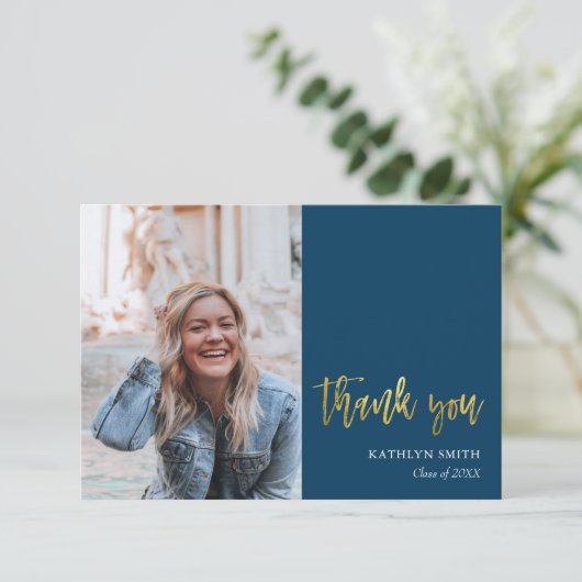 Fun Script Modern Blue Simple Foto Abschluss Dankeskarte (Stehend Vorderseite)