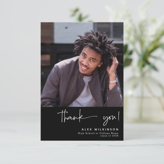 Fun Script Moderner Foto Abschluss Danke Karte (Stehend Vorderseite)