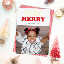 Fun Sehr Merry Retro Mod Typografie Foto Red Gold Folien Feiertagskarte