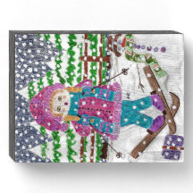 Fun Ski Girl Illustration rustikales Holzzeichen
