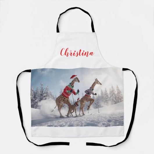 Fun Skiing Giraffe Familienweihnachtsfest Personal Schürze (Vorderseite)