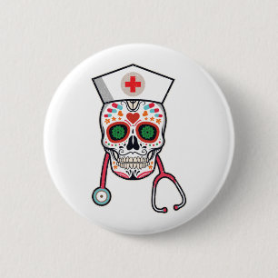 Fun Skull Halloween Mexican Nurse Gift Design Button