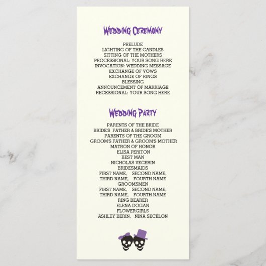 Fun Skulls Halloween lila Hochzeitsprogramm Programm (Rückseite)