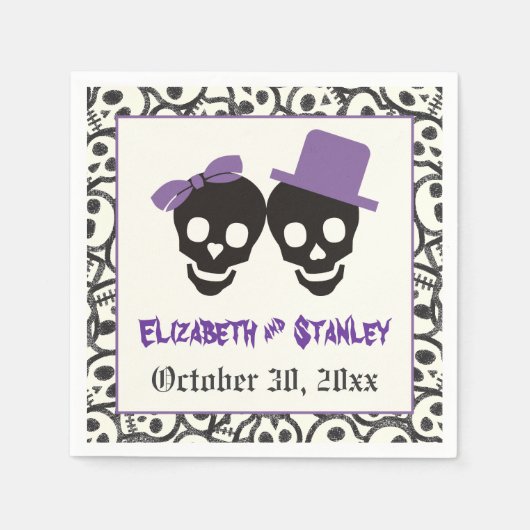 Fun Skulls Halloween lila und schwarze Hochzeit Serviette (Vorderseite)