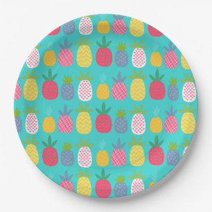 Fun Sky Blue Colorful Ananas Muster Pappteller