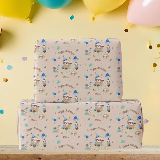 Fun Sloth Birthday Party Blue Theme Kids Geschenkpapier