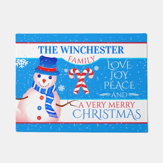 FUN Snowman in Blue Hat and Scarf | BLAUER Weihnac Fußmatte (Vorderseite)