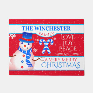 FUN Snowman in Blue Hat and Scarf RED Christmas Fußmatte