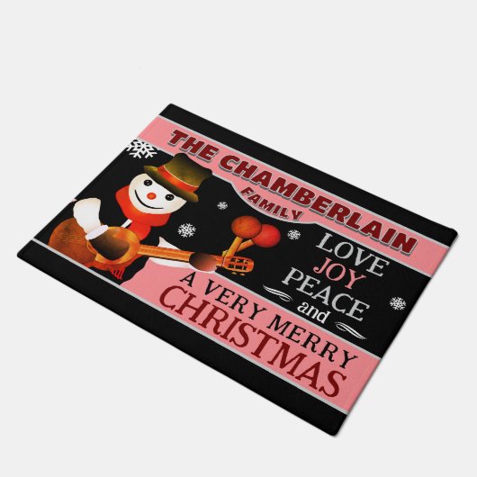 FUN Snowman in Hat und Scarf | SCHWARZE Weihnachte Fußmatte (Schrägansicht)