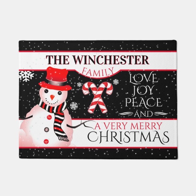 FUN Snowman in Red Hat und Scarf | SCHWARZE Weihna Fußmatte (Vorderseite)