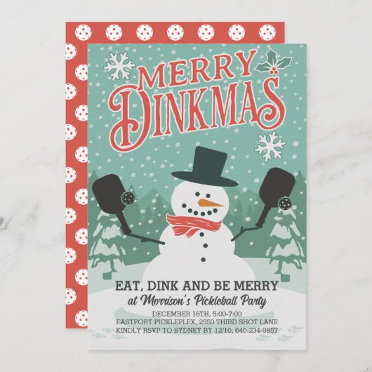 Fun Snowman Pickleball Weihnachts-Party Einladung (Vorne/Hinten)
