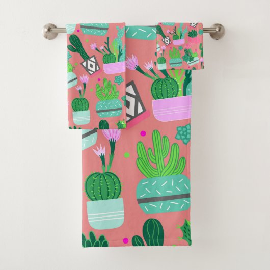 Fun Southwestern Niedlich Girly Pink Cactus Patter Badhandtuch Set (Insitu)