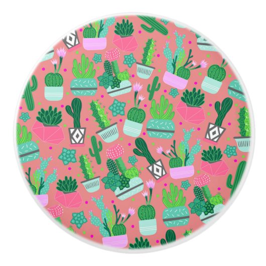 Fun Southwestern Niedlich Girly Pink Cactus Patter Keramikknauf (Vorderseite)