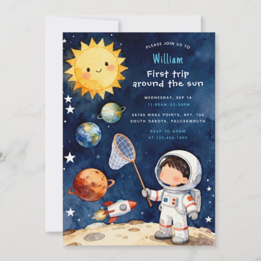 Fun Space First Trip Around The Sun 1st Birthday Einladung (Vorderseite)