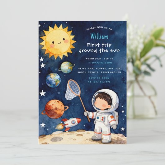 Fun Space First Trip Around The Sun 1st Birthday Einladung (Stehend Vorderseite)