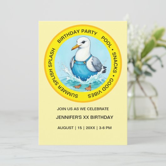 fun Splish Splash Seagull summer Pool Party Einladung (Stehend Vorderseite)