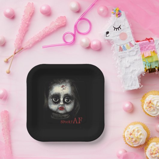 Fun Spooky AF Creepy Goth Doll Face Halloween Pappteller (Party)