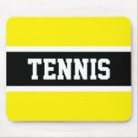 Fun Sporty Bold TENNIS Text Gelbe schwarze Streife Mousepad<br><div class="desc">Dieses unterhaltsame Sportdesign zeichnet sich durch klassisch starke,  fette Großbuchstaben in einem markierten,  breiten schwarzen Streifen mit weißen pinstripes auf hellgelbem Hintergrund aus,  wobei "TENNIS" sich vor und in der Mitte ausdrückt. Machen Sie es sich selber: Die Farben und Texte in diesem Design können personalisiert sein.</div>