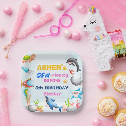 Fun Square Under-the-Sea Ocean Protector Birthday Pappteller (Party)