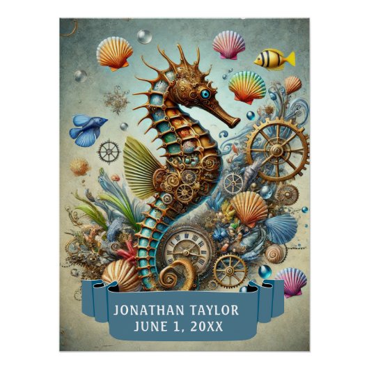 FUN STEAMPUNK SEEPFERD MIT NAME Kindergeburtstag Poster (Vorderseite)