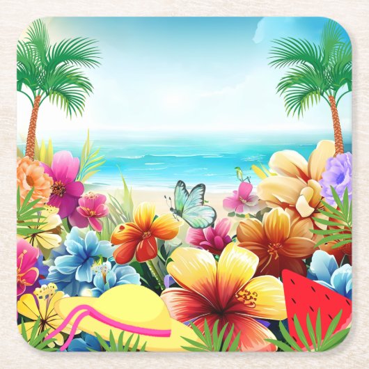 Fun Summer Beach Szene 2 Rechteckiger Pappuntersetzer (Vorderseite)