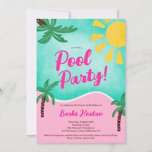 Fun Summer Bright Tropical Pool Party Sweet 16 Einladung (Vorderseite)