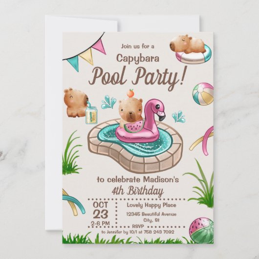 Fun Summer Capybara Pool Party Einladung (Vorderseite)