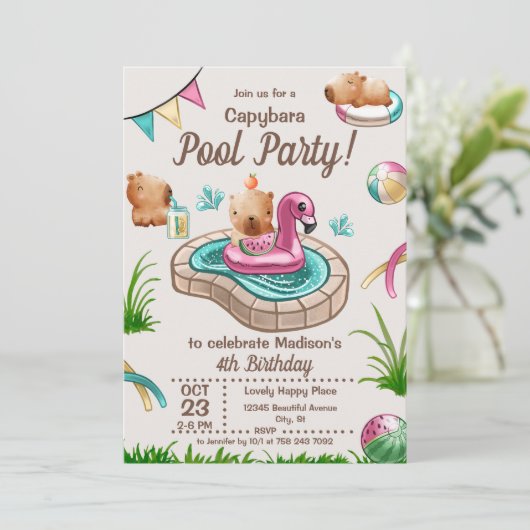Fun Summer Capybara Pool Party Einladung (Stehend Vorderseite)