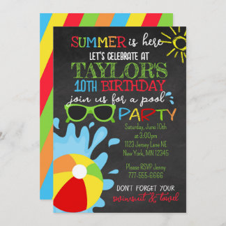 Fun Summer Chalkboard Pool Party Geburtstag Einladung