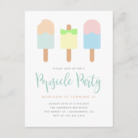 Fun Summer Pastel Popsicle Party Kindergeburt Einladungspostkarte (Vorderseite)