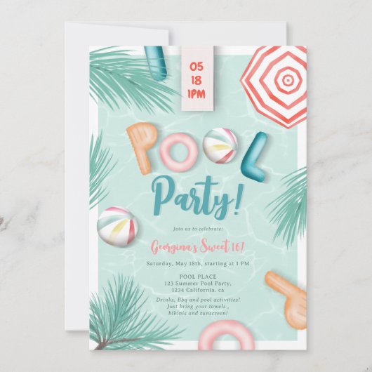 Fun Summer Pool Party Skript Aquarell Sweet 16 Einladung (Vorderseite)