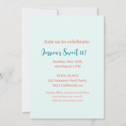 Fun Summer Pool Party Wasserfarbe Süß 16 Einladung (Rückseite)