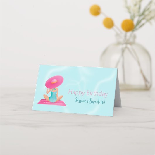 Fun Summer Pool Party Wasserfarbe Süß 16 Platzkarte (Vorderseite)