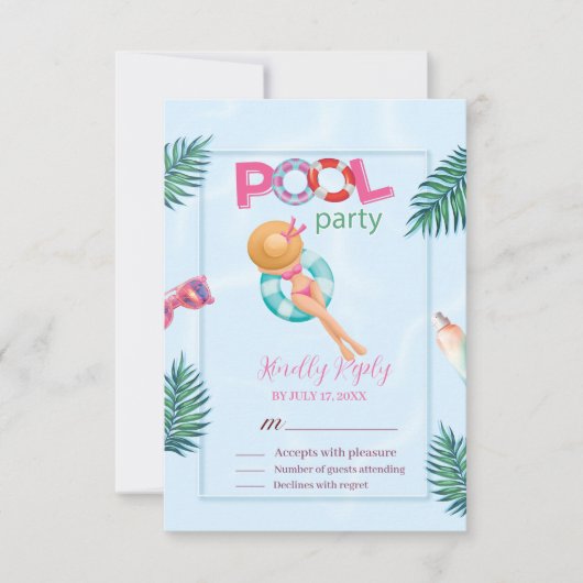 Fun Summer Pool Party Wasserfarbe Süß 16 RSVP Karte (Vorderseite)