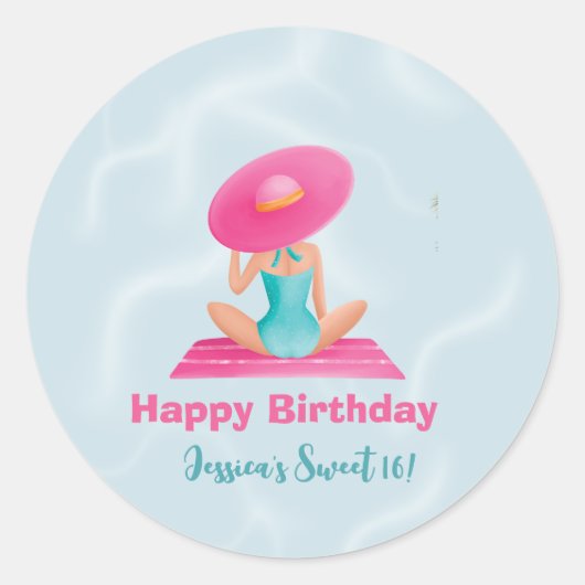 Fun Summer Pool Party Wasserfarbe Süß 16 Runder Aufkleber (Vorderseite)