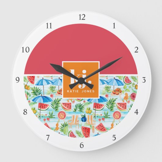 Fun Summer Stylish Monogram Große Wanduhr (Vorderseite)