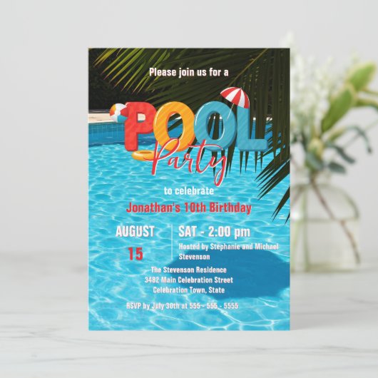 Fun Summer Vibes Vibranly Tropical Pool Party Einladung (Stehend Vorderseite)