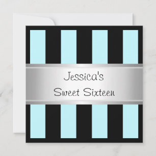 Fun Sweet 16 Light Blue Black Stripes Silber Party Einladung