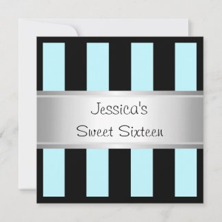 Fun Sweet 16 Light Blue Black Stripes Silber Party Einladung