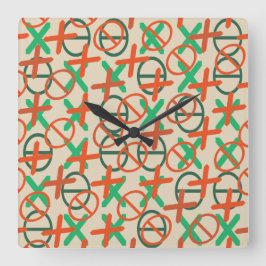 Fun Symbols Muster Grün und Orange Farbe Quadratische Wanduhr