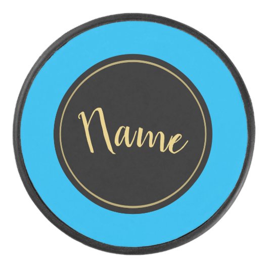 Fun Text Black Round Center Sky Blue Rim Stripes Eishockey Puck (Vorderseite)