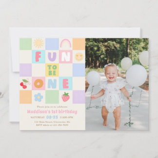 Fun to be One Colorful Gingham 1st Birthday Photo Einladung