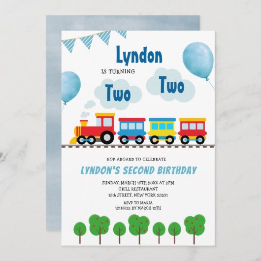 Fun Train Chugga Chugga zwei zwei zweite Geburtsta Einladung (Vorne/Hinten)