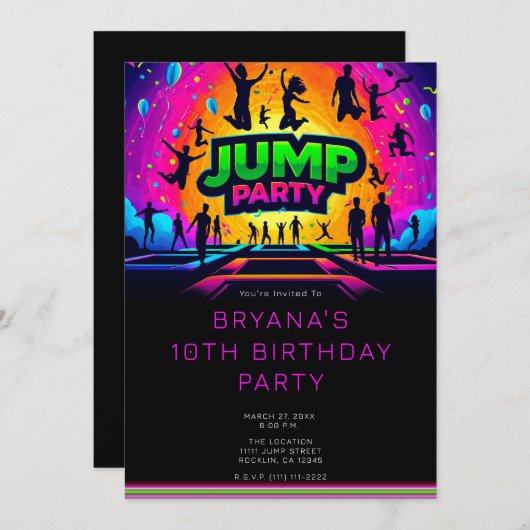 Fun Trampoline JUMP Party Geburtstag Einladung (Vorne/Hinten)