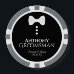 Fun Trauzeuge Gastgeschenk Hochzeit White Bow Kraw Pokerchips<br><div class="desc">Diese Poker Chips machen einen wunderbaren Gefallen für Ihre Trauzeugen. Sie zeichnen sich durch ein lustiges Tuxedo-Design mit einer weißen Bogen-Krawatte und drei weißen Tasten auf einem schwarzen Hintergrund aus. Der Text lautet "Trauzeuge" mit einem Ort für seinen Namen, die Namen des Ehepaares und das Hochzeitstag. Wunderbarer Sake oder Memento,...</div>