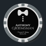 Fun Trauzeuge Gastgeschenk Hochzeit White Bow Kraw Pokerchips<br><div class="desc">Diese Poker Chips machen einen wunderbaren Gefallen für Ihre Trauzeugen. Sie zeichnen sich durch ein lustiges Tuxedo-Design mit einer weißen Bogen-Krawatte und drei weißen Tasten auf einem schwarzen Hintergrund aus. Der Text lautet "Trauzeuge" mit einem Ort für seinen Namen, die Namen des Ehepaares und das Hochzeitstag. Wunderbarer Sake oder Memento,...</div>