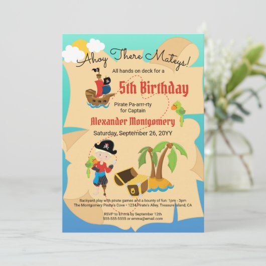 Fun Treasmap Custom Pirate Boy Birthday Party Einladung (Stehend Vorderseite)